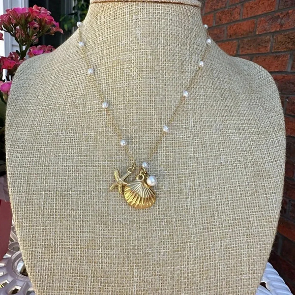 Starfish Seashel Pearl 18KGold Plated Stainless Steel Waterproof Necklace - Picture 16 of 17